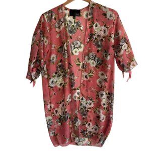KAII Floral Open Front Kimono Coral Pink Size Large Short Sleeve Duster